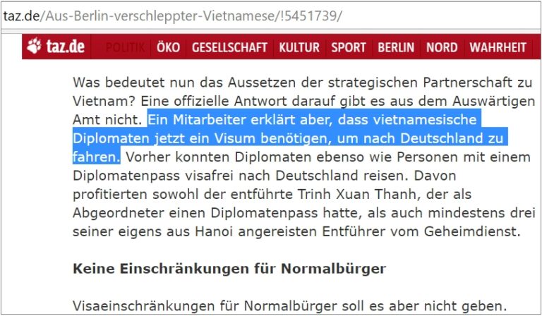 Báo Đức đưa tin: Chính phủ Đức đình chỉ Hiệp định Việt – Đức miễn visa cho người mang hộ chiếu ngoại giao Báo Đức đưa tin: Chính phủ Đức đình chỉ Hiệp định Việt – Đức miễn visa cho người mang hộ chiếu ngoại giao