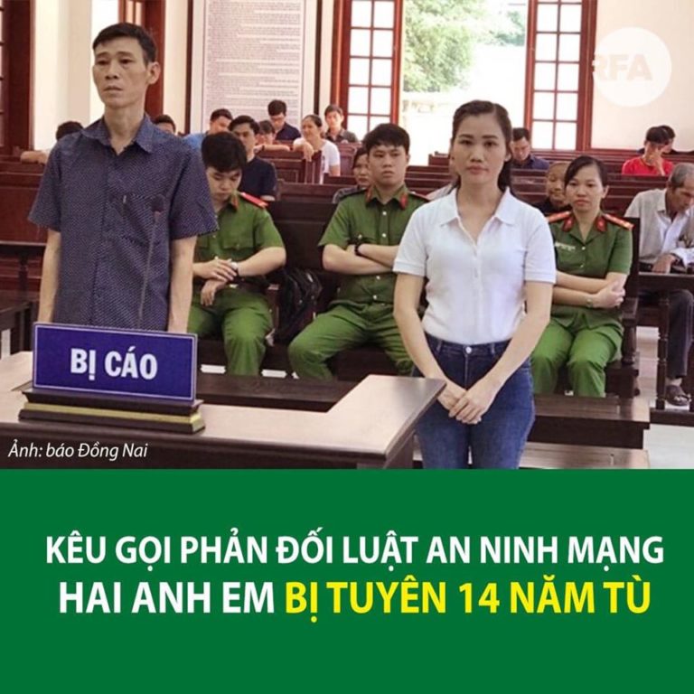 Kêu gọi phản đối luật An ninh mạng, hai anh em bị tuyên 14 năm tù