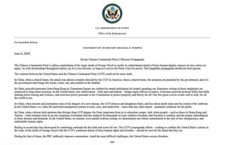TOÀN VĂN TUYÊN BỐ CỦA NGOẠI TRƯỞNG HOA KỲ MICHEAL R. POMPEO VỀ TRUNG QUỐC
