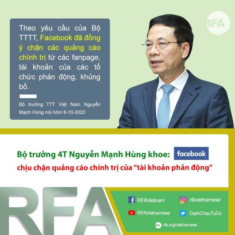 Bộ trưởng Nguyễn Mạnh Hùng khoe: Facebook chịu chặn quảng cáo chính trị từ “tài khoản phản động”