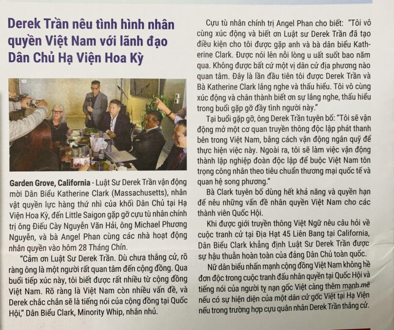 Derek Trần nêu tình hình nhân quyền Việt Nam với lãnh đạo Dân chủ Hạ viện Hoa Kỳ.