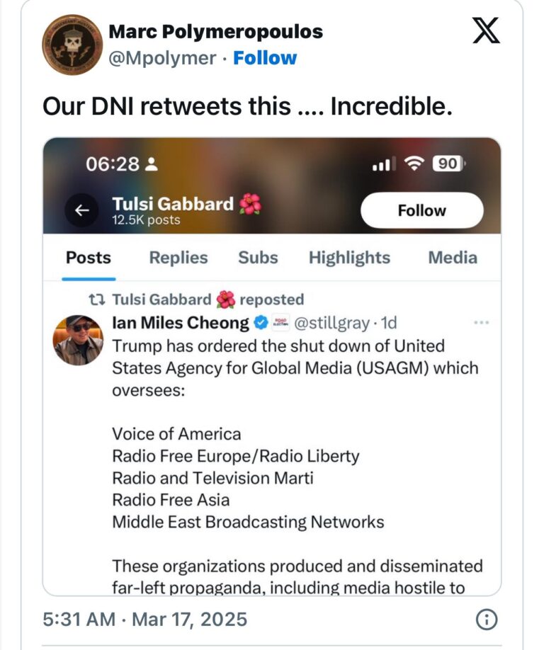 Tulsi Gabbard và mối đe dọa đối với tự do báo chí: Khi Giám đốc Tình báo Quốc gia cổ vũ việc đóng cửa USAGM Tulsi Gabbard và mối đe dọa đối với tự do báo chí: Khi Giám đốc Tình báo Quốc gia cổ vũ việc đóng cửa USAGM
