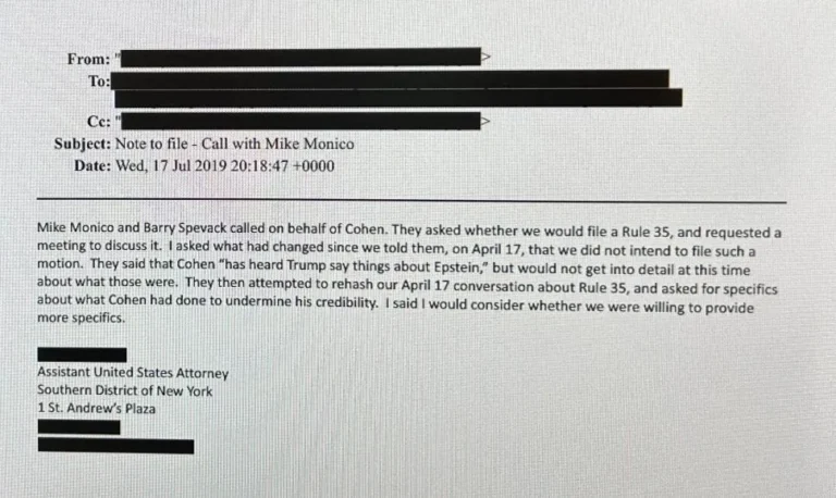 Độc quyền: Tài liệu của Bộ Tư pháp tiết lộ Trump đã thảo luận về Epstein với Michael Cohen